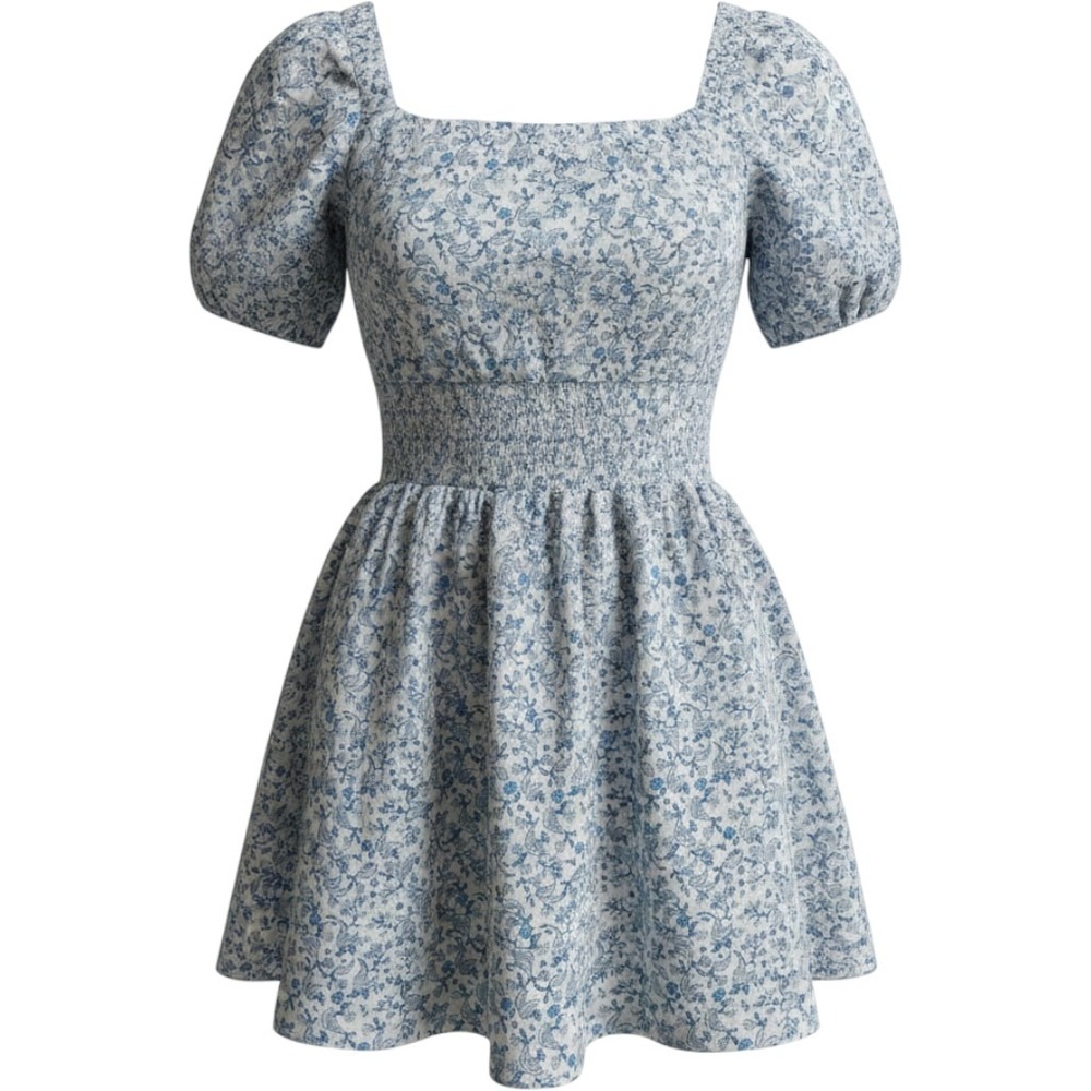 Old Navy Blue Paisley Floral Smocked Mini Dress Womens Medium Petite Puff Sleeve